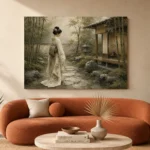 Sage & Ivory Panoramic Zen Garden Geisha Art Canvas Print - Image 3