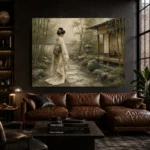 Sage & Ivory Panoramic Zen Garden Geisha Art Canvas Print - Image 4