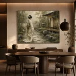 Sage & Ivory Panoramic Zen Garden Geisha Art Canvas Print - Image 5