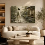 Sage & Ivory Panoramic Zen Garden Geisha Art Canvas Print - Image 7