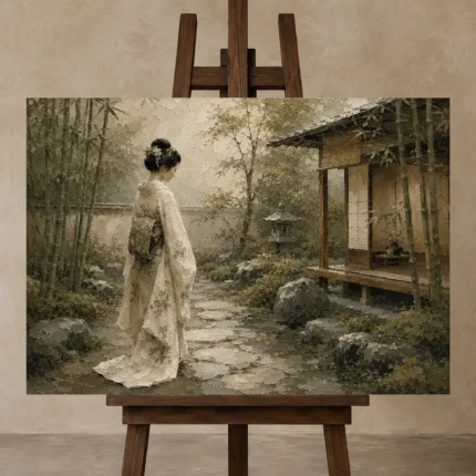 Sage & Ivory Panoramic Zen Garden Geisha Art Canvas Print displayed on a studio easel