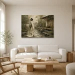 Sage & Ivory Panoramic Zen Garden Geisha Art Canvas Print styled in a refined neutral interior