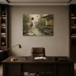 Sage & Ivory Panoramic Zen Garden Geisha Art Canvas Print displayed in a contemporary gallery-inspired room