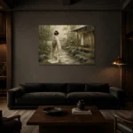Sage & Ivory Panoramic Zen Garden Geisha Art Canvas Print shown in a warm modern interior