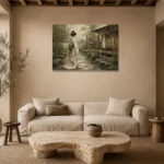 Sage & Ivory Panoramic Zen Garden Geisha Art Canvas Print presented in a sophisticated home setting