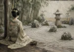 Sage & Ivory Courtyard Zen Garden Geisha Art Canvas Print