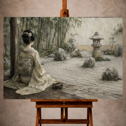 Sage and ivory contemplative Zen Garden Geisha Art print for elegant interiors. No text or watermarks in design.