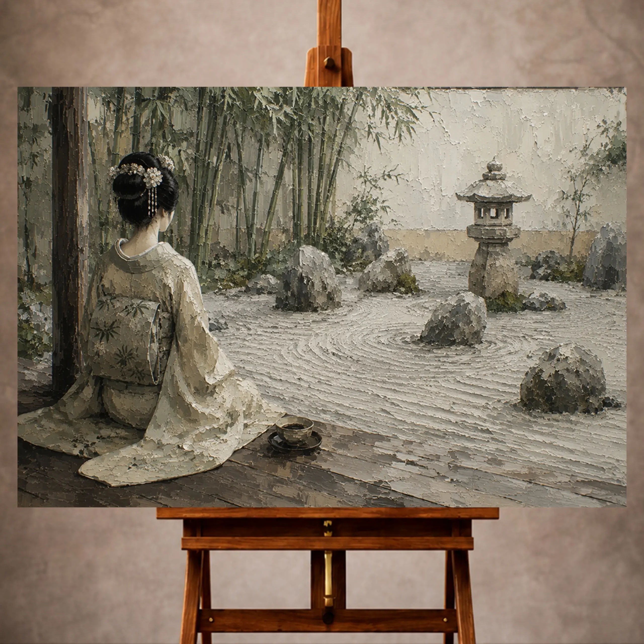 Premium Wall Art Yatay Html Edition – GYSHA062 Image 1 Sage and ivory contemplative Zen Garden Geisha Art print for elegant interiors. No text or watermarks in design.