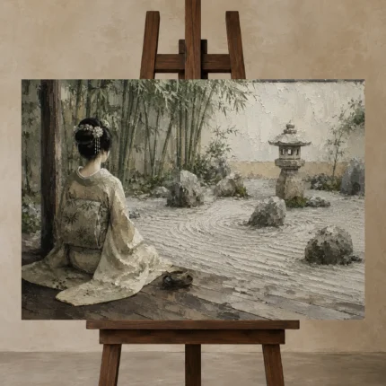 Sage & Ivory Courtyard Zen Garden Geisha Art Canvas Print displayed on a studio easel