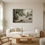Sage & Ivory Courtyard Zen Garden Geisha Art Canvas Print styled in a refined neutral interior