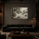 Sage & Ivory Courtyard Zen Garden Geisha Art Canvas Print shown in a warm modern interior