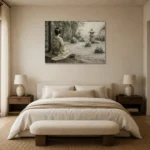 Sage & Ivory Courtyard Zen Garden Geisha Art Canvas Print showcased in an elegant minimalist interior
