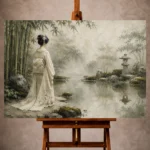 Sage and ivory poetic Zen Garden Geisha Art print for elegant interiors. No text or watermarks in design.