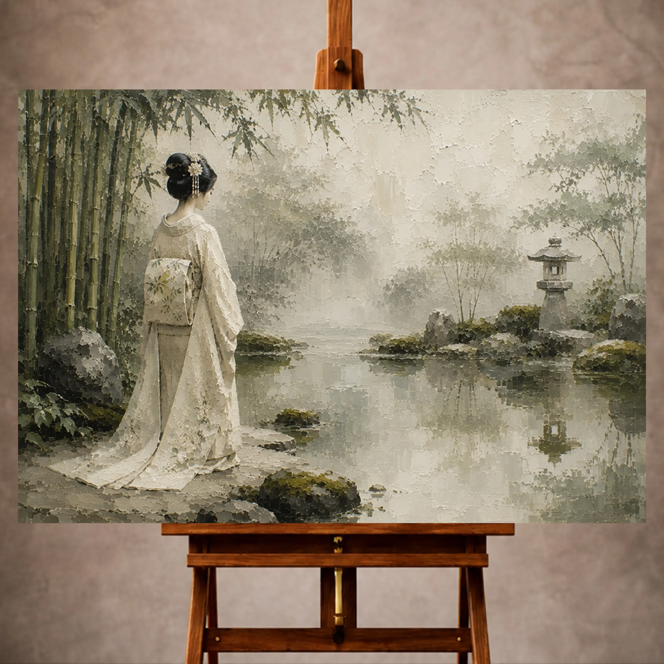 Premium Wall Art Yatay Html Edition – GYSHA063 Image 1 Sage and ivory poetic Zen Garden Geisha Art print for elegant interiors. No text or watermarks in design.