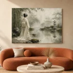 Sage & Ivory Misty Pond Zen Garden Geisha Art Canvas Print - Image 3
