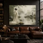 Sage & Ivory Misty Pond Zen Garden Geisha Art Canvas Print - Image 4