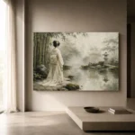 Sage & Ivory Misty Pond Zen Garden Geisha Art Canvas Print - Image 11