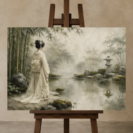 Sage & Ivory Misty Pond Zen Garden Geisha Art Canvas Print displayed on a studio easel