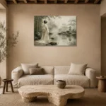 Sage & Ivory Misty Pond Zen Garden Geisha Art Canvas Print presented in a sophisticated home setting