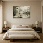 Sage & Ivory Misty Pond Zen Garden Geisha Art Canvas Print showcased in an elegant minimalist interior