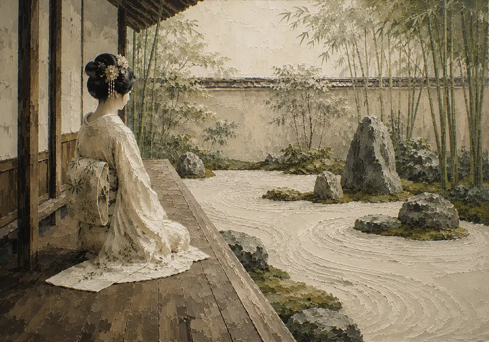 Sage & Ivory Veranda Zen Garden Geisha Art Canvas Print