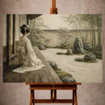 Sage and ivory meditative Zen Garden Geisha Art print for elegant interiors. No text or watermarks in design.