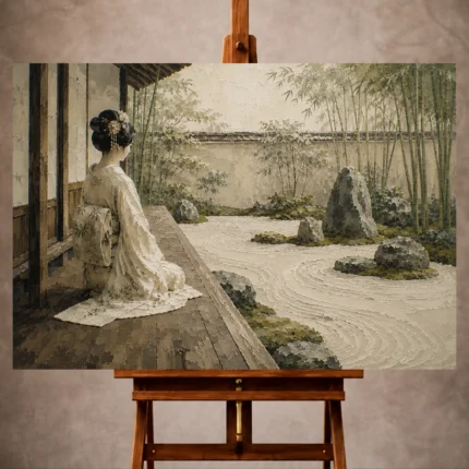 Sage and ivory meditative Zen Garden Geisha Art print for elegant interiors. No text or watermarks in design.
