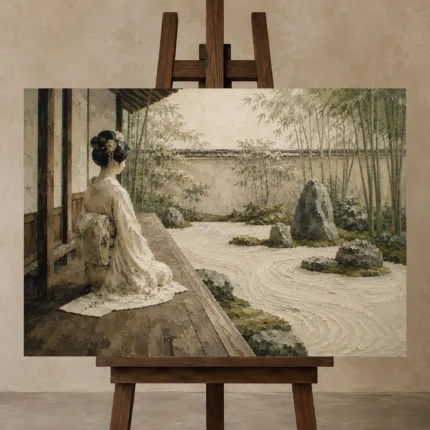 Sage & Ivory Veranda Zen Garden Geisha Art Canvas Print displayed on a studio easel