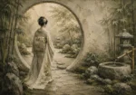 Sage & Ivory Moon Gate Zen Garden Geisha Art Canvas Print