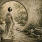 Sage & Ivory Moon Gate Zen Garden Geisha Art Canvas Print