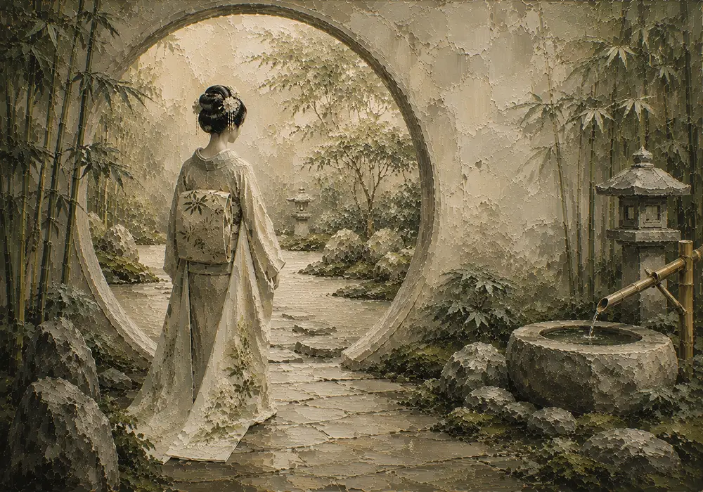 Sage & Ivory Moon Gate Zen Garden Geisha Art Canvas Print