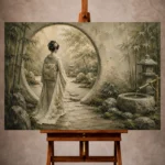 Sage and ivory serene Zen Garden Geisha Art print for elegant interiors. No text or watermarks in design.