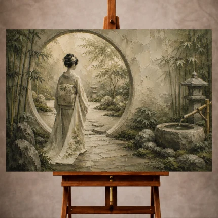 Sage and ivory serene Zen Garden Geisha Art print for elegant interiors. No text or watermarks in design.