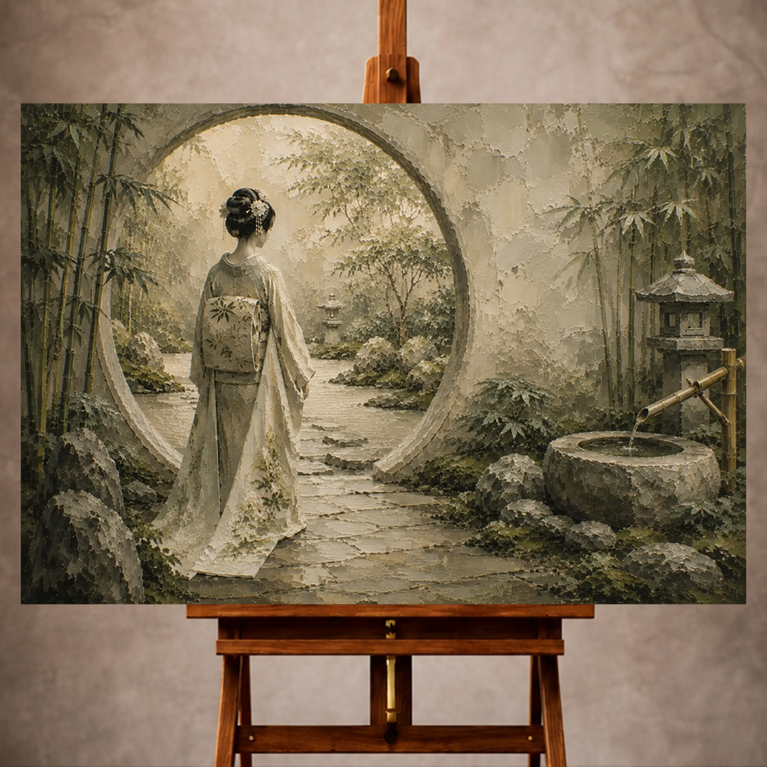 Premium Wall Art Yatay Html Edition – GYSHA065 Image 1 Sage and ivory serene Zen Garden Geisha Art print for elegant interiors. No text or watermarks in design.