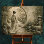 Sage & Ivory Moon Gate Zen Garden Geisha Art Canvas Print - Image 2