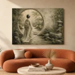 Sage & Ivory Moon Gate Zen Garden Geisha Art Canvas Print - Image 3