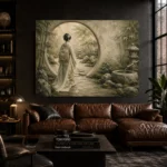 Sage & Ivory Moon Gate Zen Garden Geisha Art Canvas Print - Image 4