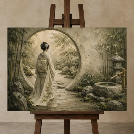 Sage & Ivory Moon Gate Zen Garden Geisha Art Canvas Print displayed on a studio easel