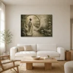 Sage & Ivory Moon Gate Zen Garden Geisha Art Canvas Print styled in a refined neutral interior