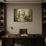 Sage & Ivory Moon Gate Zen Garden Geisha Art Canvas Print displayed in a contemporary gallery-inspired room