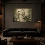 Sage & Ivory Moon Gate Zen Garden Geisha Art Canvas Print shown in a warm modern interior