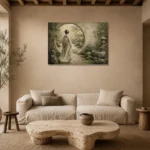 Sage & Ivory Moon Gate Zen Garden Geisha Art Canvas Print presented in a sophisticated home setting