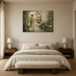 Sage & Ivory Moon Gate Zen Garden Geisha Art Canvas Print showcased in an elegant minimalist interior