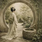 Sage & Ivory Moon Gate Zen Garden Geisha Art Canvas Print