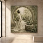 Sage and ivory serene Zen Garden Geisha Art print for elegant interiors. No text or watermarks in design.