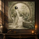 Sage & Ivory Moon Gate Zen Garden Geisha Art Canvas Print - Image 2