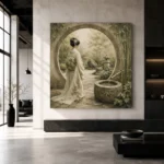 Sage & Ivory Moon Gate Zen Garden Geisha Art Canvas Print - Image 3