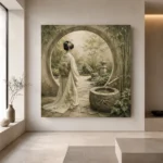 Sage & Ivory Moon Gate Zen Garden Geisha Art Canvas Print - Image 4