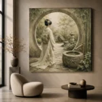Sage & Ivory Moon Gate Zen Garden Geisha Art Canvas Print - Image 5