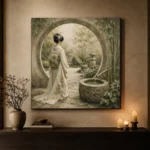 Sage & Ivory Moon Gate Zen Garden Geisha Art Canvas Print - Image 6